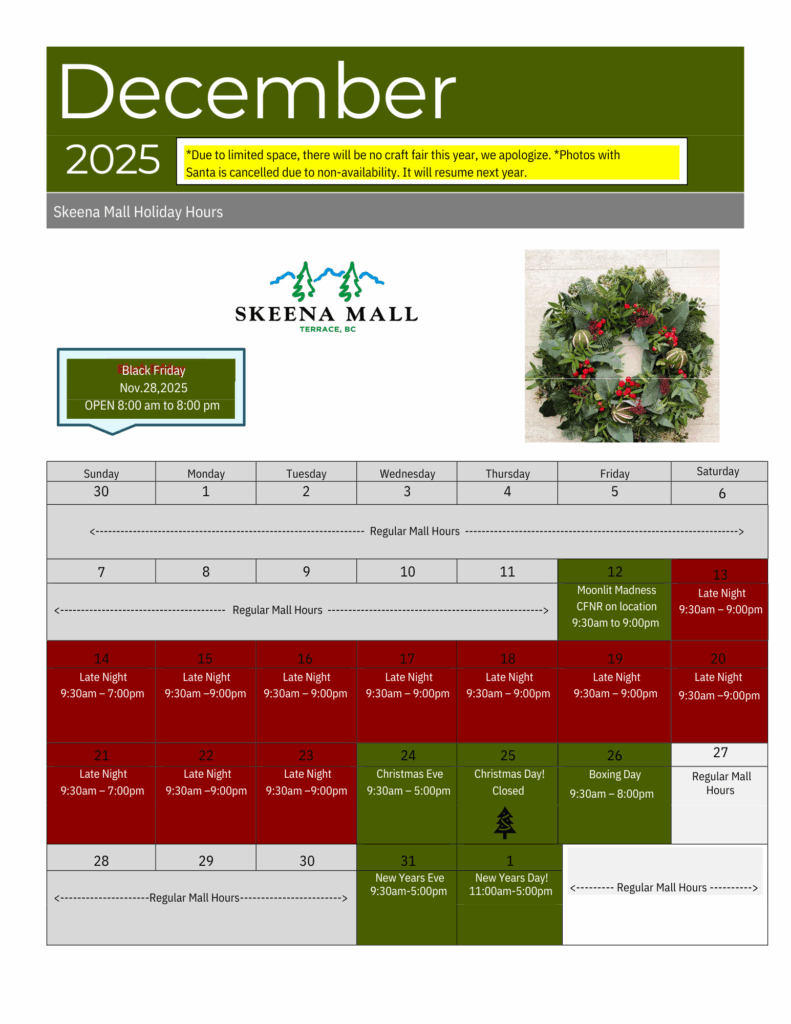 December 2025 Skeena Mall Holiday Hours
